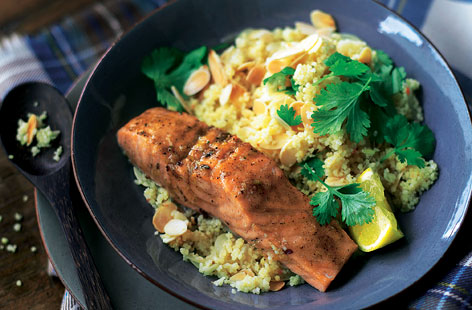 Enjoy the balance of North African flavours in this morrocan-style salmon and couscous: Lemon zest, coriander, flaked almonds and softened onion and garlic for the couscous, and on the salmon, traditional ras-el-hanout spice mix, honey, lemon and olive oil.