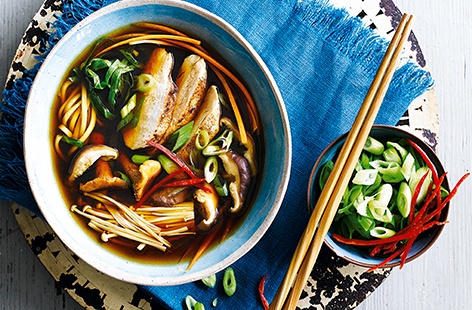 Packed with the Asian flavours of soy sauce, five-spice and ginger, this warming ramen is brimming with succulent chicken and seasonal mushrooms, making for a delicious autumnal dish. What's more, it's ready in under 30 minutes!