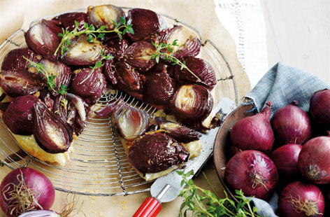 Roasted sweet red onion encased in a buttery puff pastry and coated in a thyme syrup makes for a delicious vegetarian main