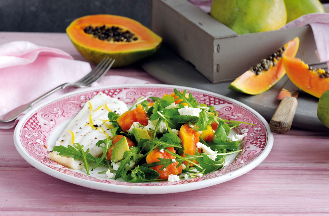 Baked plaice with papaya, feta and rocket salad recipe