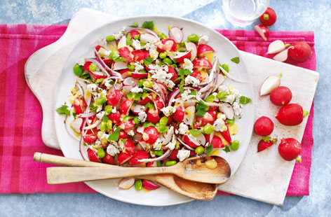 Seasonal radishes give a peppery punch to this vibrant broad bean and feta salad.