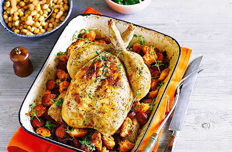 Revamp your roast with this Mediterranean twist on a classic roast chicken - packed with spicy chorizo, zingy lemon and crusty ciabatta croutons, this easy roast dinner is full of flavour and makes the ideal Sunday roast centrepiece