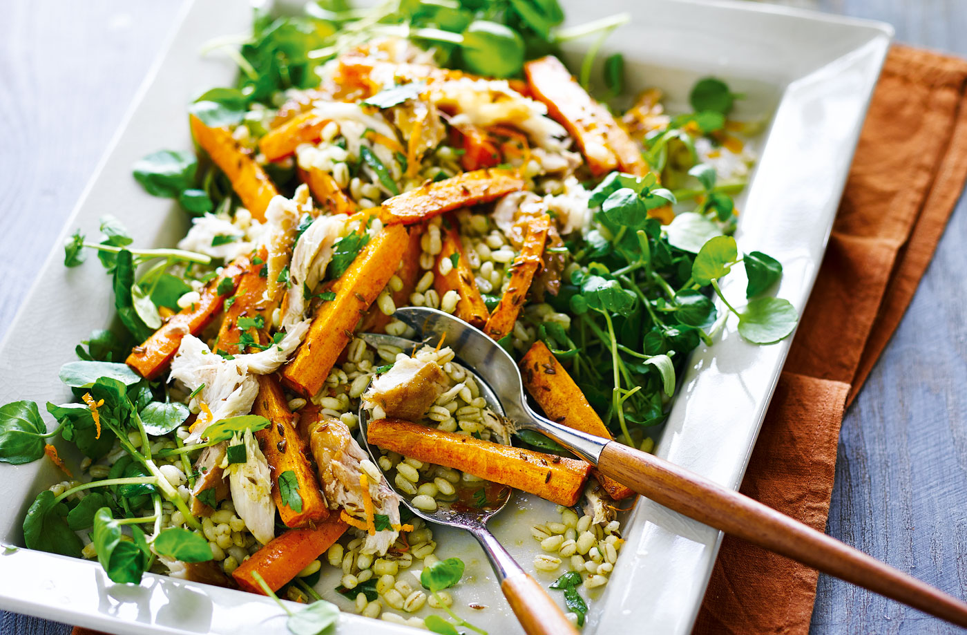 Roasted carrot, barley and smoked mackerel salad recipe