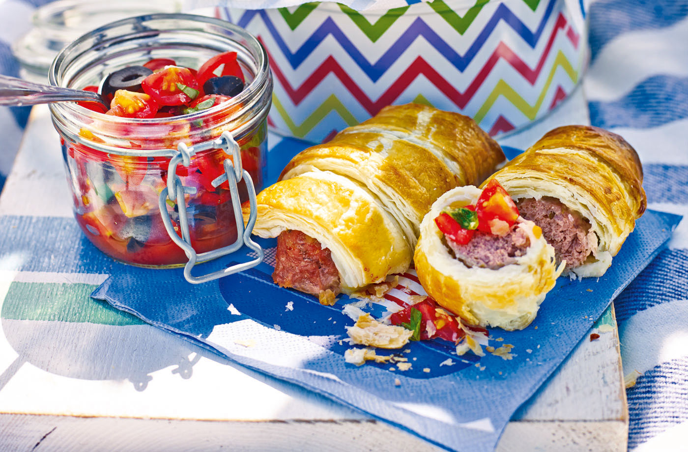 Sausage rolls with tomato and olive salsa recipe