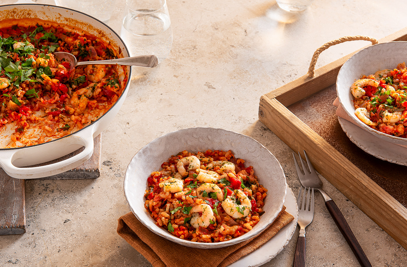 Tomato-baked rice with king prawns recipe