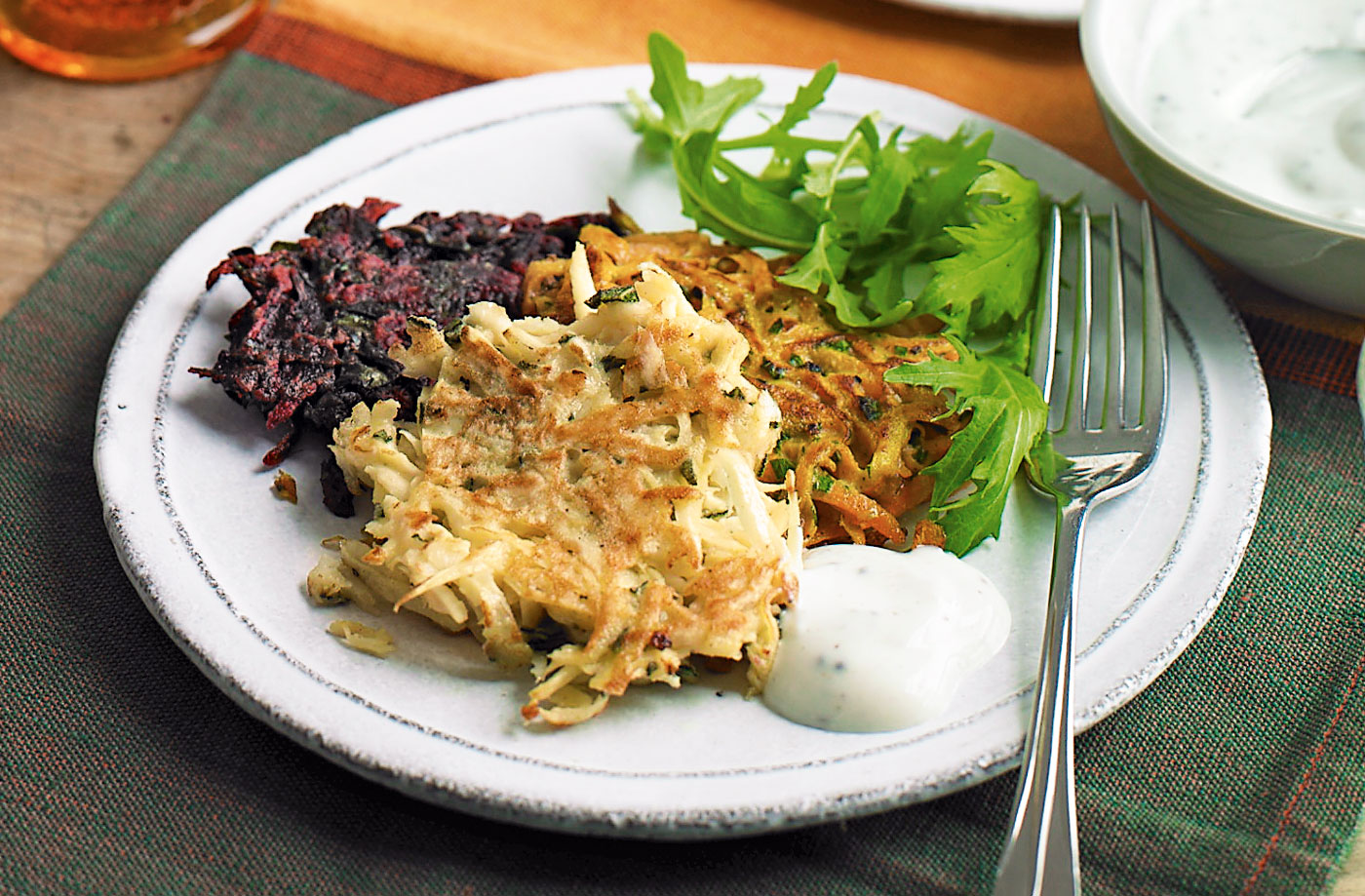 Root veg fritters with honey and mustard dip recipe